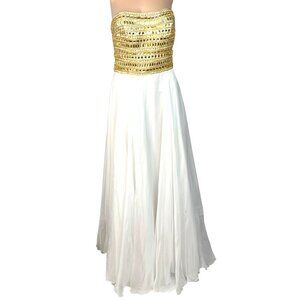 Sherri Hill White Strapless Formal Dress With Gold Embellished Bodice Size 8
